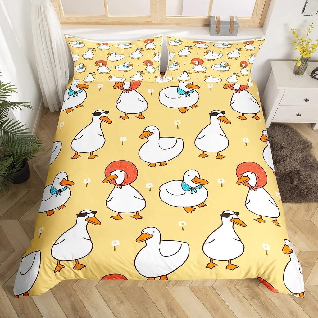 Colorful Duck Bedding Set Kids Cartoon Ducks Duvet Cover Graffiti Rustic Animal Comforter Cover Farmhouse Animal Quilt Cover