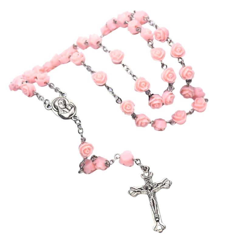 Einzigartige katholische Rosenblumen-Perlen Kreuze Anhänger Rosenkranz Halskette Gebetskette für religiöse Zeremonien und zum Verschenken