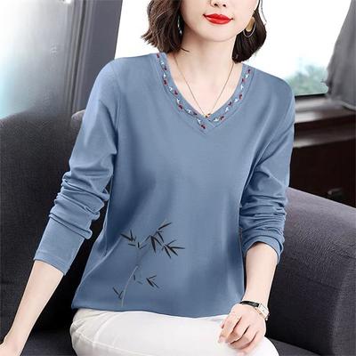 Langarm-T-Shirt, Reine Baumwolle Damen Frühling und Herbst Mode, Mamas Ganzkörper-Unterhemd, Besticktes V-Ausschnitt-Oberteil