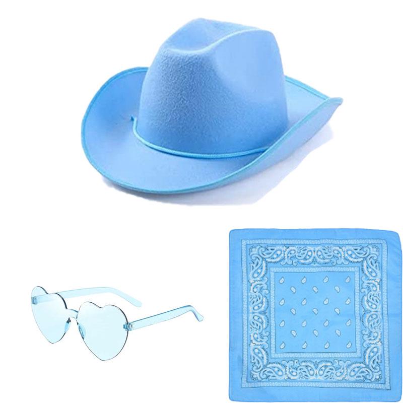 Pink Cowboy Hat, Black & White Scarf, Denim Hat Three-Piece Set