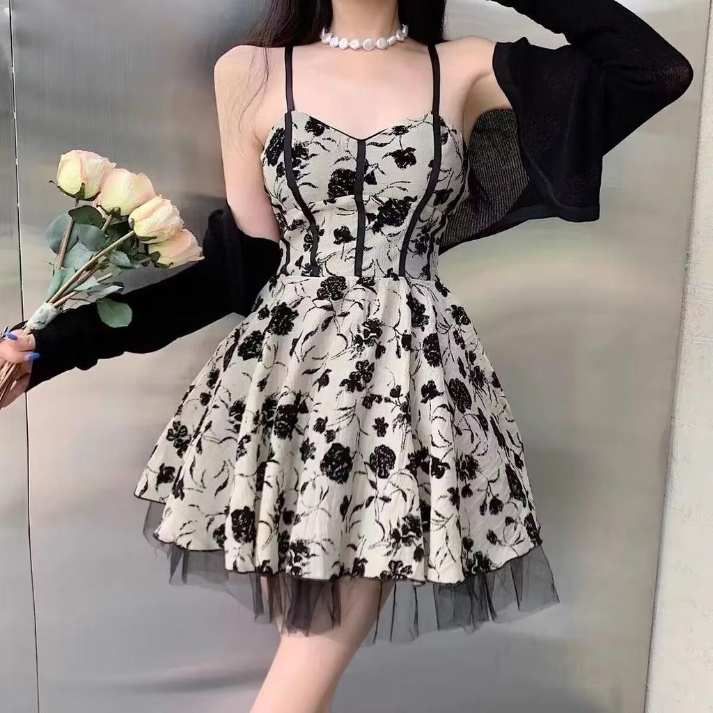 Women French Floral Suspender Mesh Dress Summer Vintage Elegant Dresses
