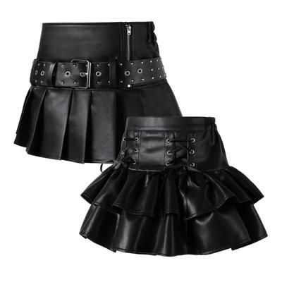 Teen Girls Faux Leather Ruffle Skirt Corset Waist Mini Skirt Punk Gothic Streetwear Cosplay Party Outfit Sweet Cool Short Skirt