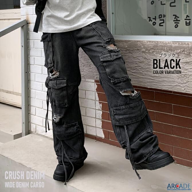 Arcade Distressed Denim Cargo Pants with Multiple Wide Loose Flared Size XL Black Men's Pockets, Leg, Fit, Denim, (LL),