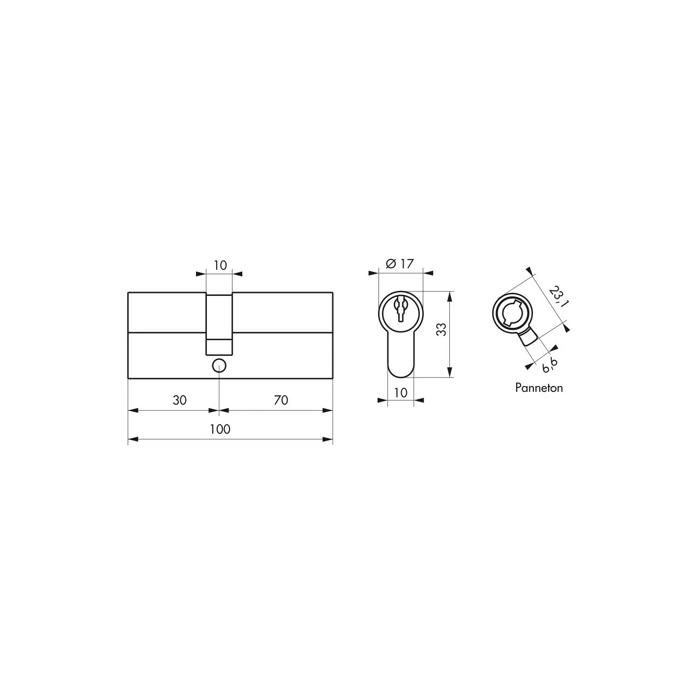 Cylindre à clé crantée - THIRARD - 30 x 70 mm - Nickelé - 5 points - Sécurité 6