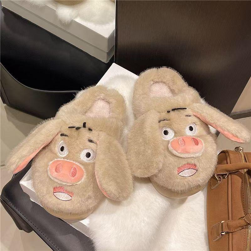 Cartoon Velvet Cute Pig Head Cotton Slippers 2025 Autumn and Winter New Warm Thick Bottom Non-slip Fluffy Cotton Slippers