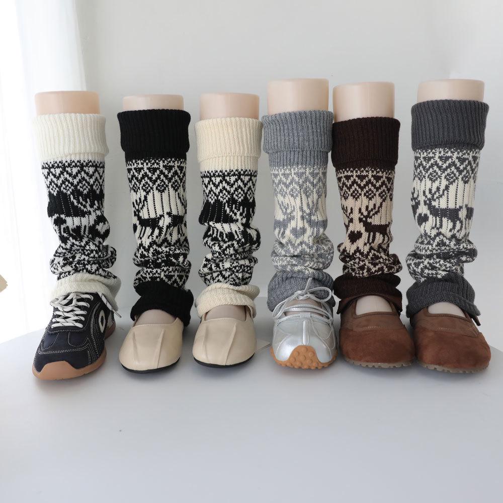 Fair Isle Vintage Knit Reindeer Leg Warmers - Grey, Cream, & White Women's Calf Socks