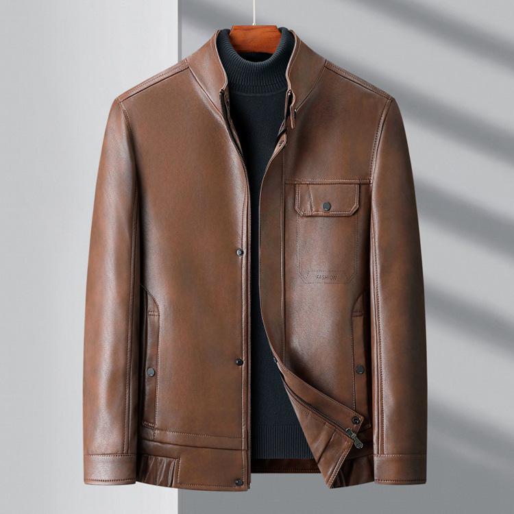 Brand Versatile Men's Stand Collar Leather Jacket, 2025 Spring/Autumn Collection - Cool Motorcycle Style for Mid-Aged and Young Men