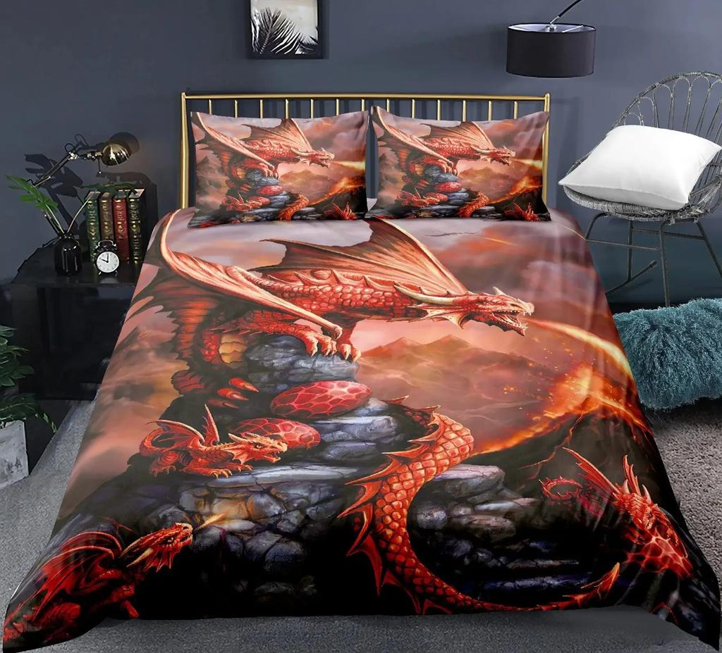 Dragon and Phoenix Duvet Cover Set Full Queen Size, Fantasy World Monster Gothic Bedding Sets Bohemian Mandala Comforter Cover