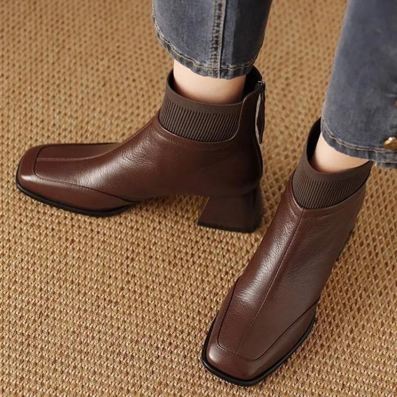 Fashion Brown Retro Fashion Thick Heel Square Toe Short Boots 2025 Women's Autumn and Winter Knitted Yarn Mouth Fashion Slim Boots
