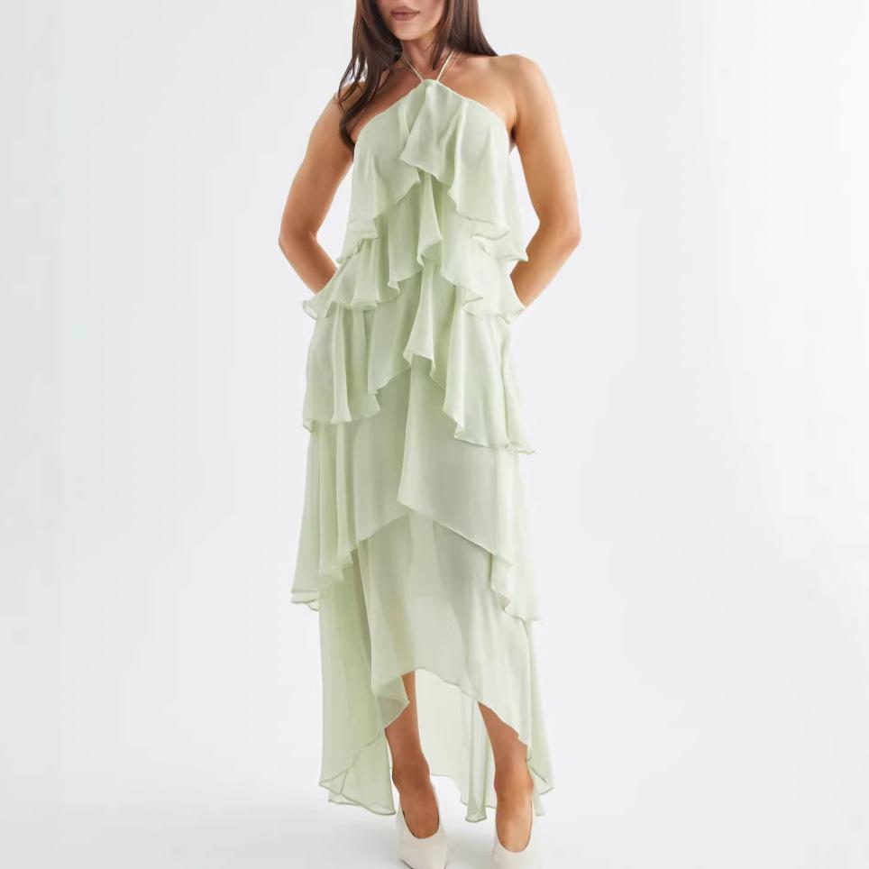 

Spot European and American summer vacation style elegant temperament neck three-dimensional cake suspender dress women S светло-зеленый