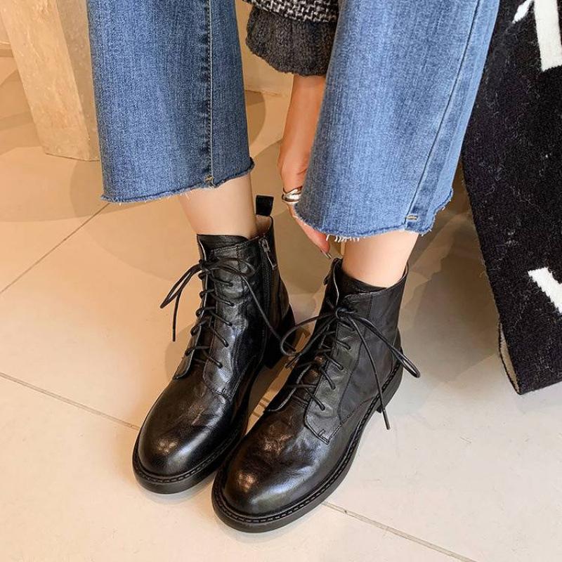 Autumn and winter women's leather boots leather large size medium boots lace-up versatile medium heel round head thick-soled sheepskin Martin boo