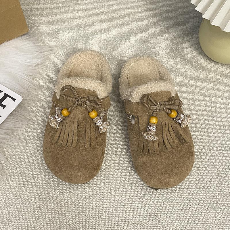 

2025 осень и зима новые ретро Мори плюшевые хлопковые туфли сумка голова полушлепки туфли с бахромой теплые пушистые туфли женщины 40 хаки