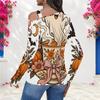 Women Plus Size Asymmetric Cutout Neck Cold Shoulder Long Sleeve Halloween Ghost Pumpkin Printed White Top