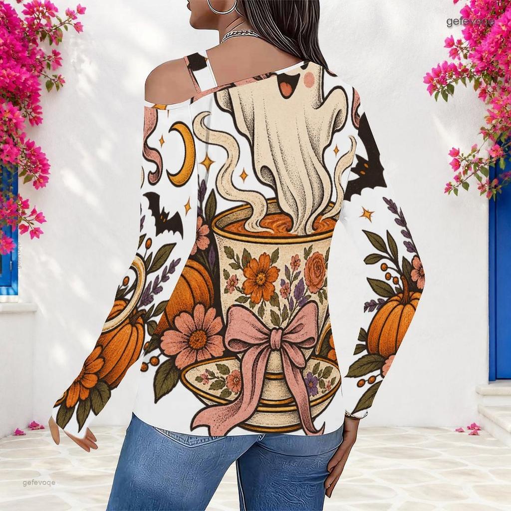 Women Plus Size Asymmetric Cutout Neck Cold Shoulder Long Sleeve Halloween Ghost Pumpkin Printed White Top