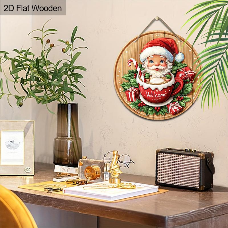Christmas decoration sign,hanging decorations,2D flat Wooden products with The pattern is Santa Claus in the cup,Christmas gift for friends and family