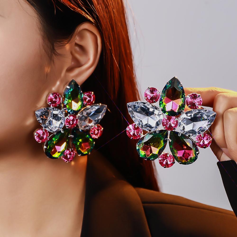 Stonefans Bridal Flower Clip On Earrings Non Piercing Accessories Statement Women Colorful Rhinestone Ear Clip Wedding Jewelry