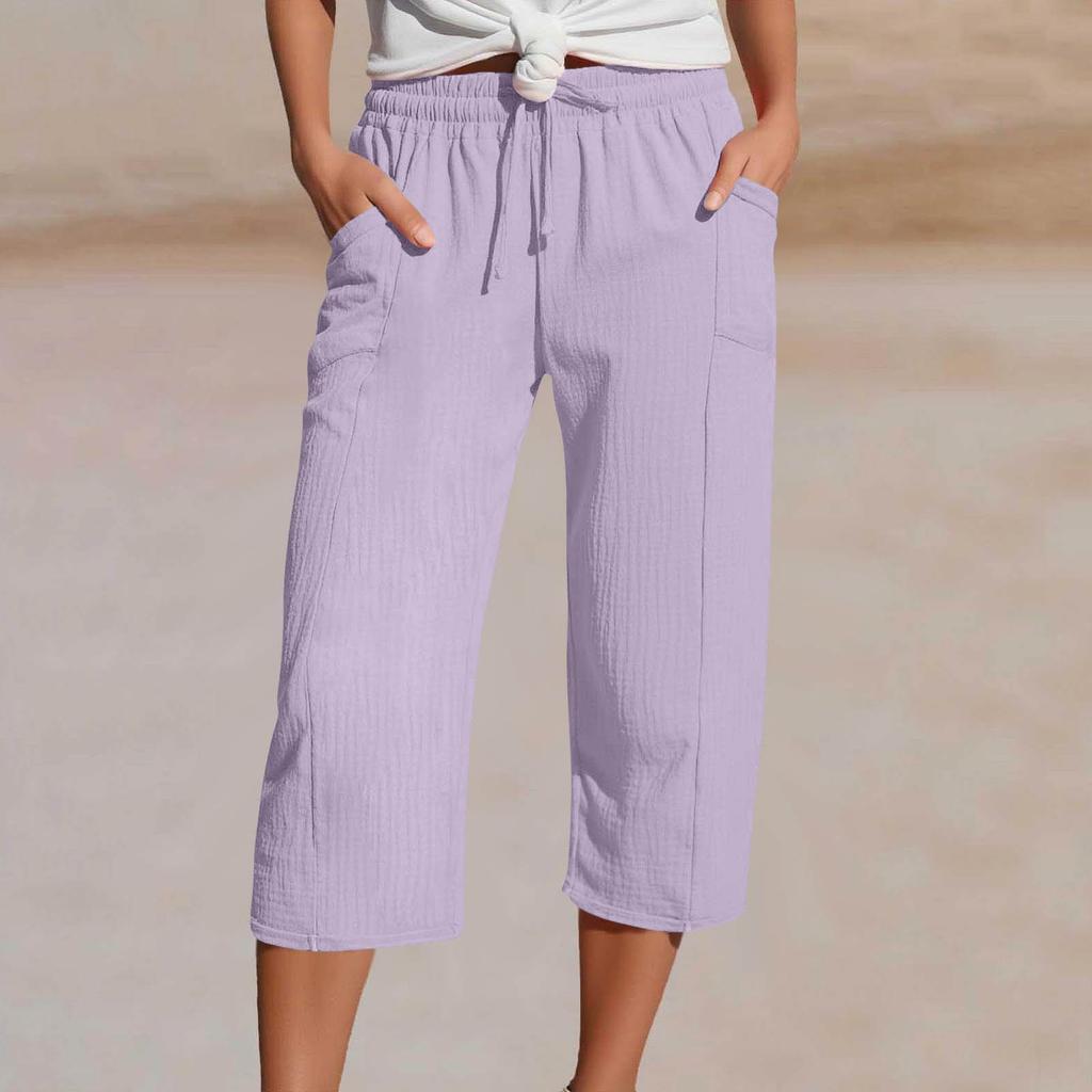 Women's Summer 3/4 Trousers  Summer Trousers With Pockets Causal Loose Trousers Fabric Trousers Sport Leisure Beach Trousers