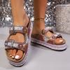 Women's Plus Size Summer Platform Chunky Sole Color Block Rhinestone Double Buckle Cork One Strap Slide Sandals