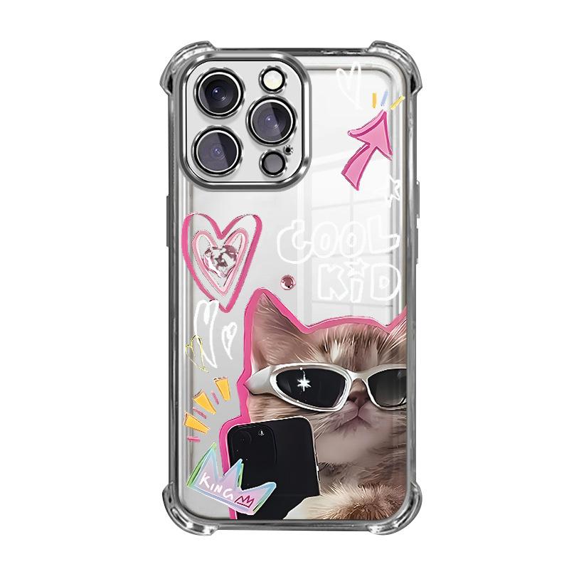 Selfie Sunglasses Cat Suitable for Iphone16 Four-corner Airbag 17promax Anti-drop Plating Apple 15 Mobile Phone Case