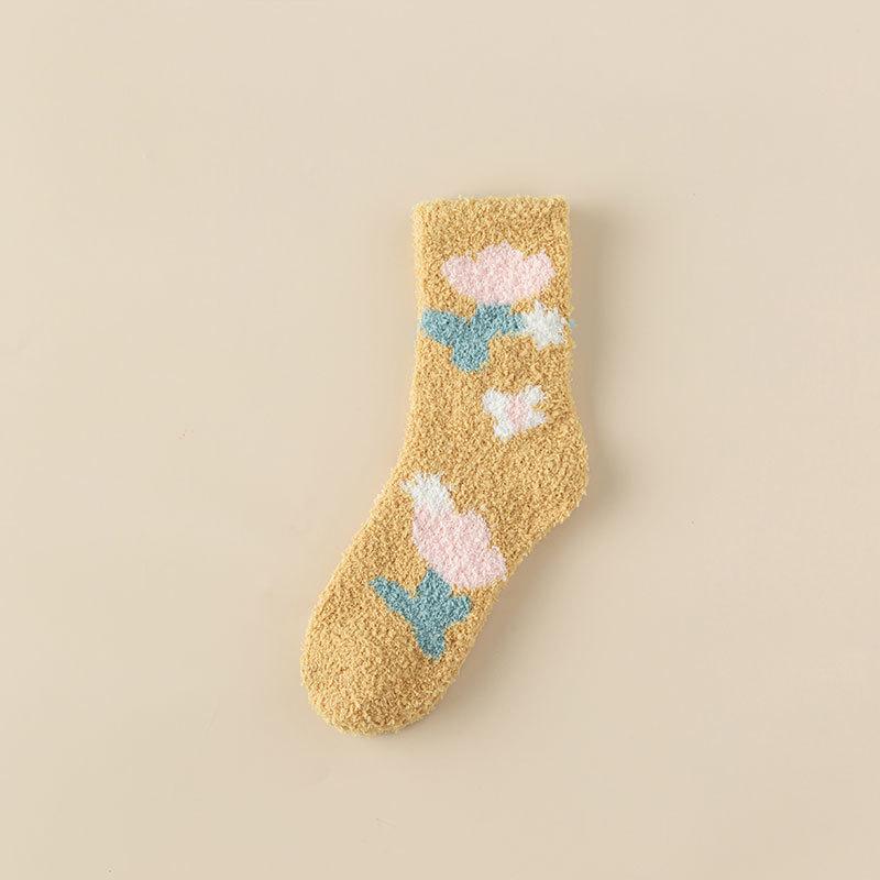Women Candy Warm Socks Lady Heart Pattern Kawaii Thick Coral Fleece Warm Tulip Flower Winter Cotton Casual Socks Female