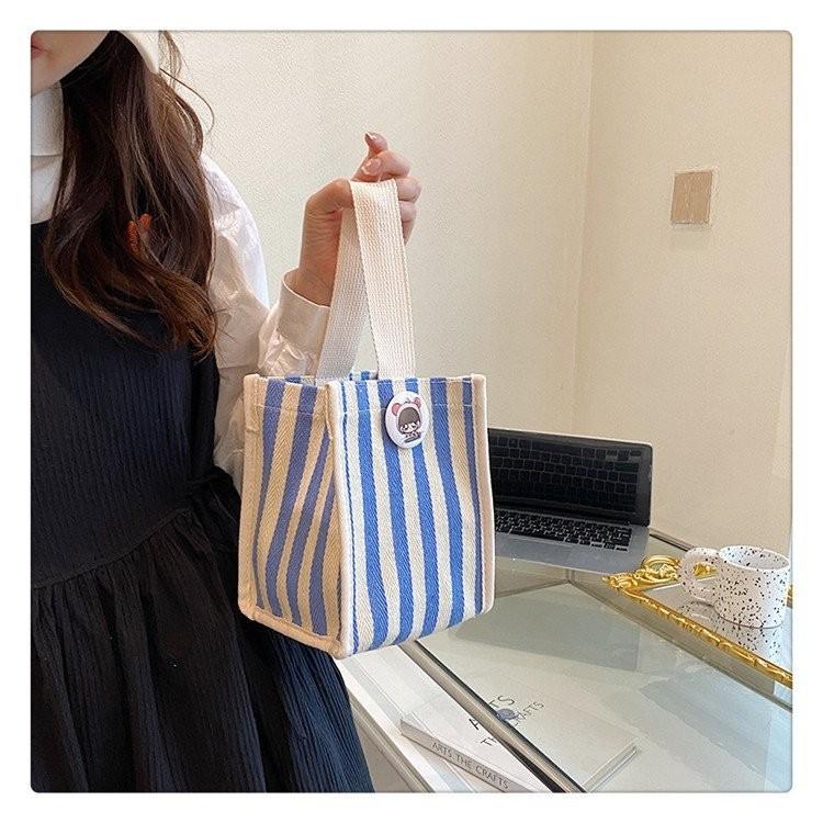 Stylish Colorful Striped Nylon Shoulder Tote Bag For Women Trendy Handheld Lunch Bag