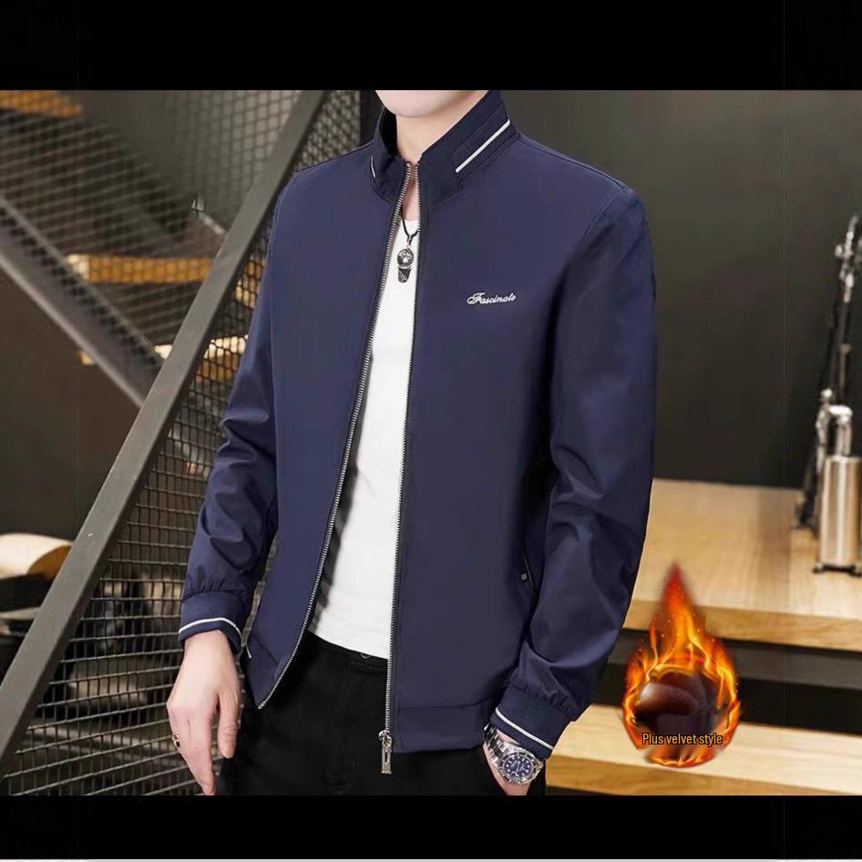 Men's Slim Fit Korean Style Jacket with Fleece Lining, Stand Collar, Versatile Casual Trend.