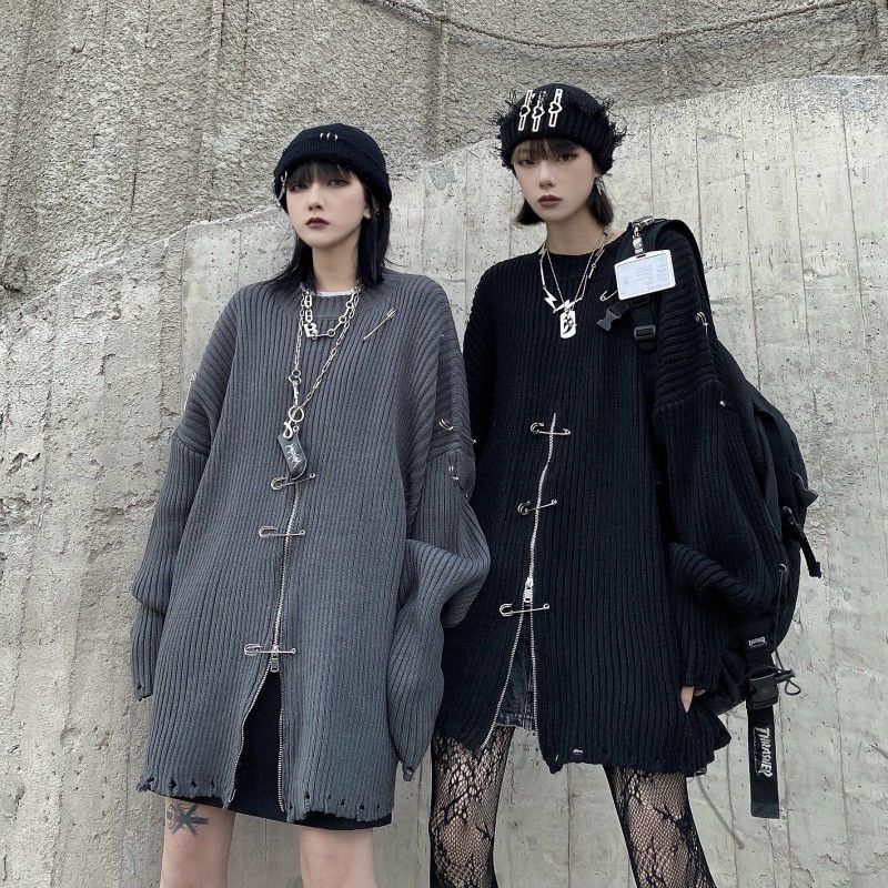 Gothic Harajuku Stricken übergroße Pullover Frauen Pullover Zipper Koreanische Mode Streetwear Goth Punk Gestrickte Top Herbst