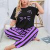 2024 Russian Women's Plus Size Pajamas Set: Watermark Top & Striped Long Pants