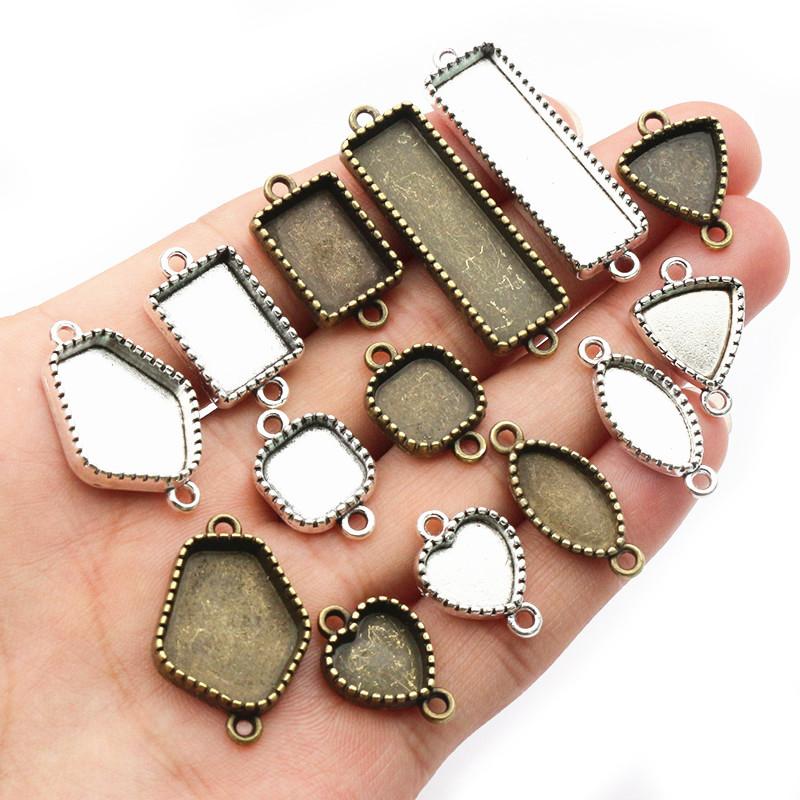 10pcs Double Loops Connector Pendant Cabochons Blank Base Settings Tray Heart Sqaure Rectangle Oval DIY Jewelry Findings