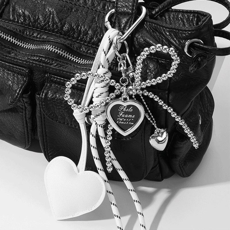 Heart-Shaped Leather Pendant Keychain with Bow and Silver Bead Charm
