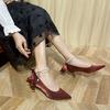 Burgundy heel bow wedding shoes women's new pearl strap Mary Jane shoes low heel pointed high heels