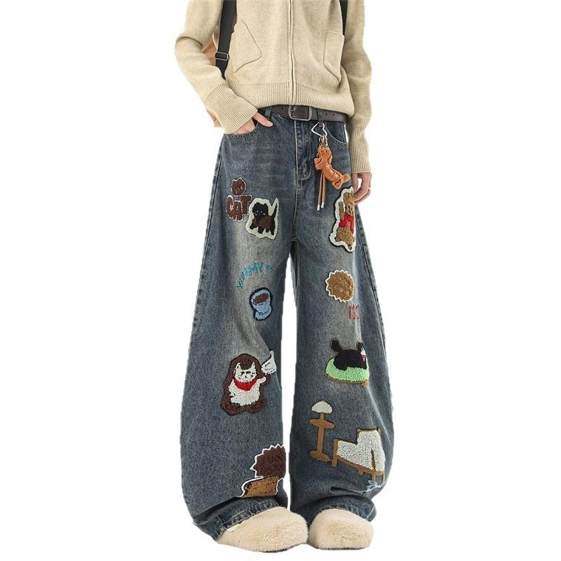 Summer Trendy Brand American Cartoon Towel Embroidered Jeans Men's Design Wide-leg Pants Loose and Versatile Floor-mopping Trousers