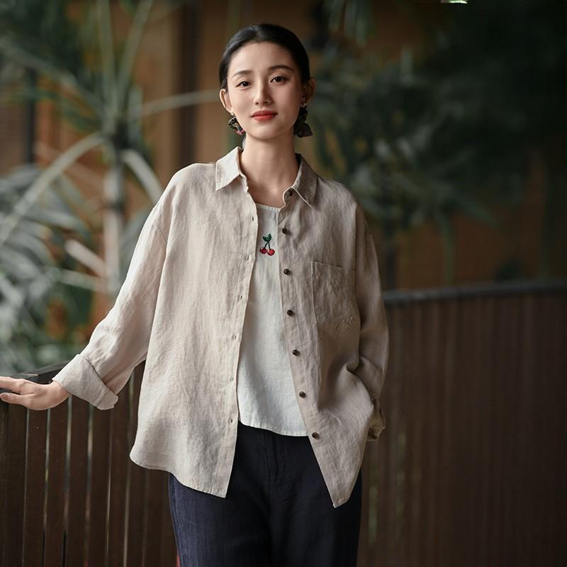 Johnature Women Vintage Shirts Tops Spring Solid Color Chinese Style Button Turn-down Collar Long Sleeve Shirts