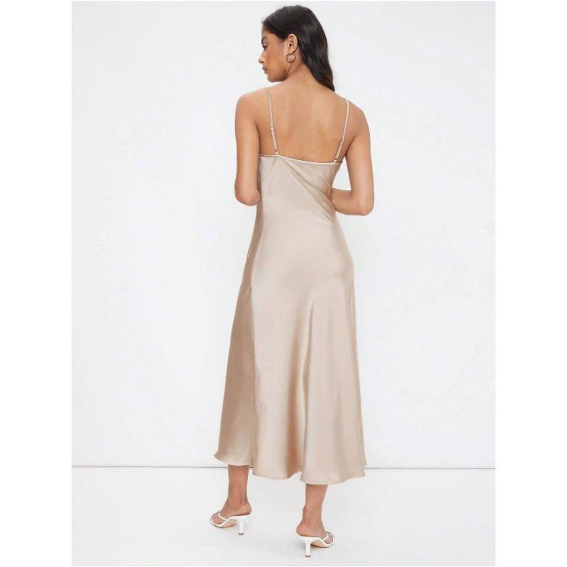 

Женское весенне-летнее облегающее платье с глубоким V-образным вырезом и однотонным принтом L бежевый