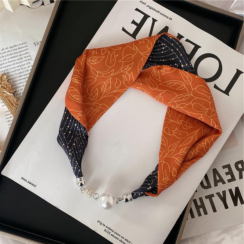 New Luxury Design Magnetic Pearls Button Silk Scarf Women Summer Neck Ornament Silk Scarves Lady Shirt Sunscreen Decoration Gift