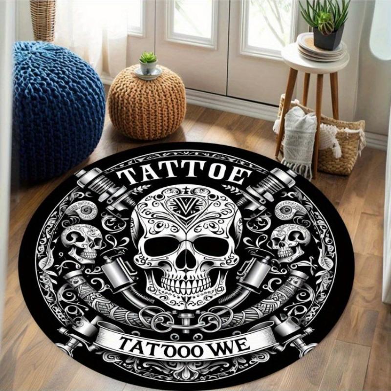 Black White Vintage Tattoo Skull Round Rug, Old School Tattoo Machine Scroll Letter Print Floor Mat Tattoo Studio Sofa Bedroom 60cmx60cm