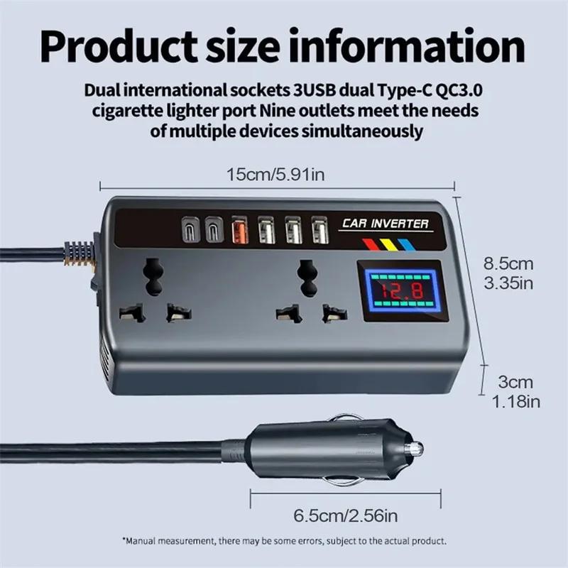 Inverter per Auto da DC 12V/24V ad AC 220V 200W, Caricabatterie per Telefono PD+QC3.0 Tipo C Doppio+4 Porte USB, Adattatore di Alimentazione per Accendisigari, 9 in 1