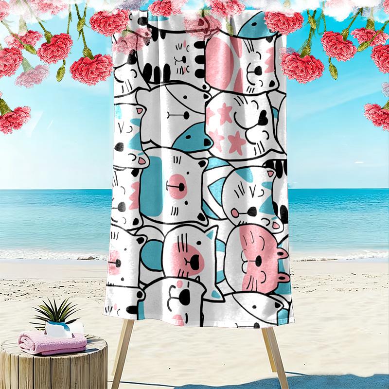 Cozy Cute Cartoon Cat & Animal Print 2D Flat Print Beach Towel, Large Soft Quick Dry Towel for Beach Camping SwimmingZSTJ0915372