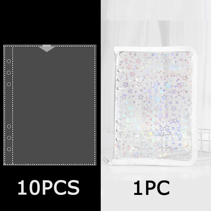 WTEMPO Laser Stars Printed A5 6-hole Simple Transparent Sparkling PVC Zipper Bag with Loose-leaf Clip Photo Album Colletion Card Holder 11pcs