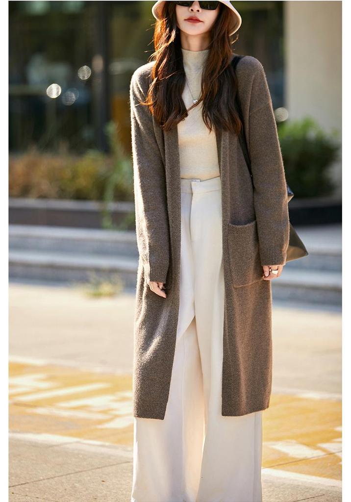 2025 Autumn/Winter Korean-Style Knee-Length Knit Cardigan - No Button, Double Pocket, Loose Fit, Solid Color