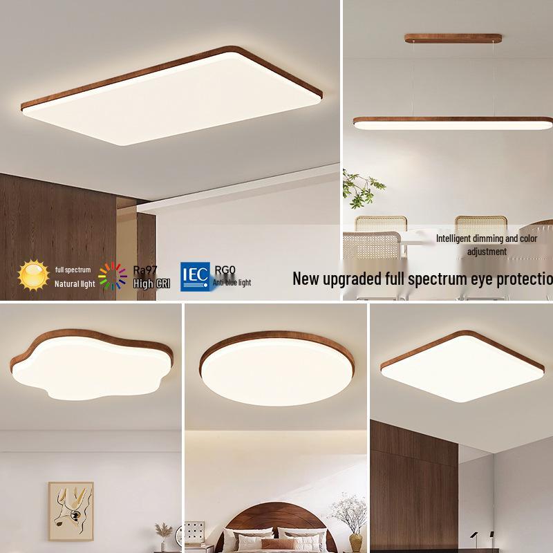 Walnut Wood Grain Ceiling Light: Full Spectrum Eye Protection Chandelier for Living Room, Bedroom, and Dining Room
