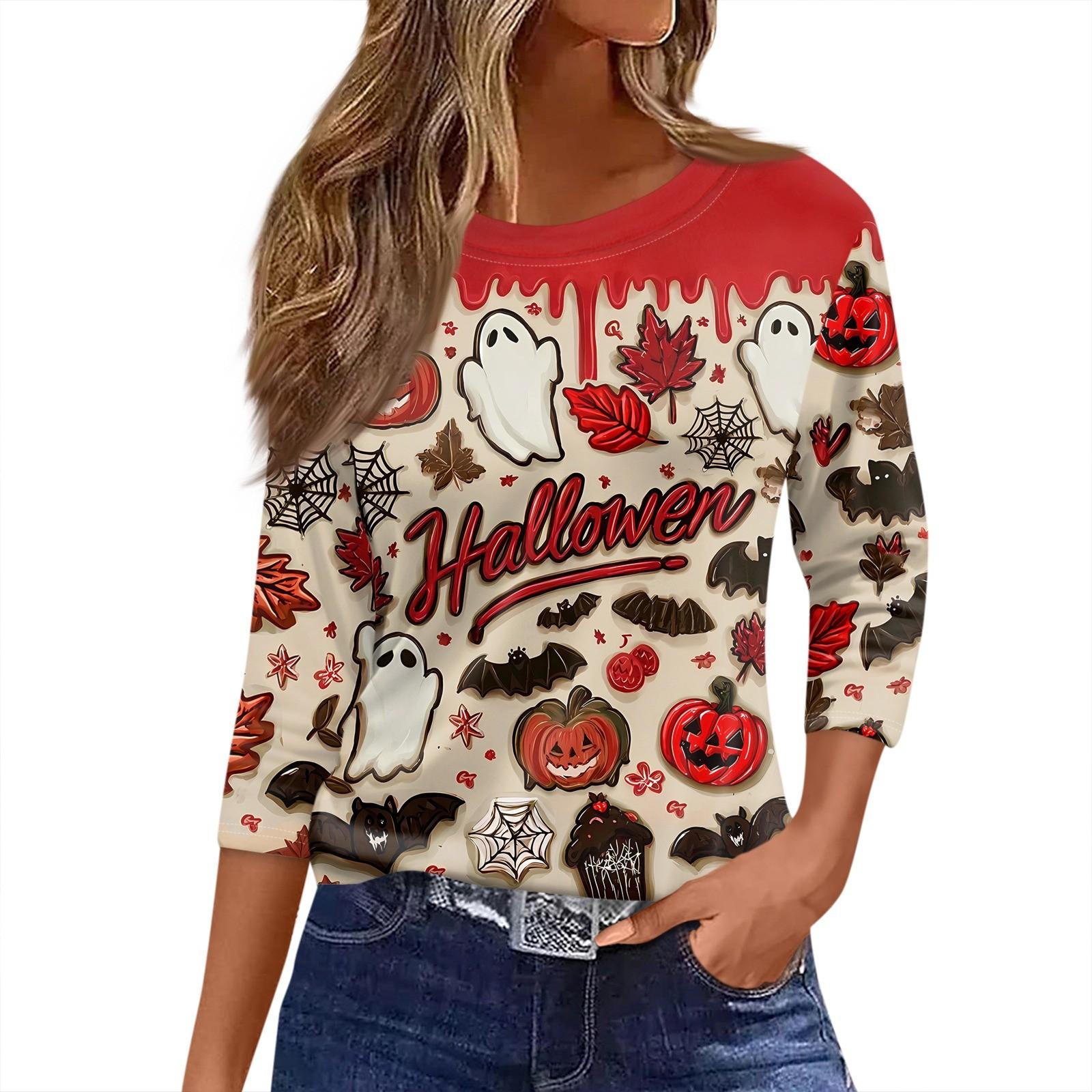 

Женская футболка с принтом на Хэллоуин, рукав 3/4, повседневная мода, базовая, с круглым вырезом, обычный топ L