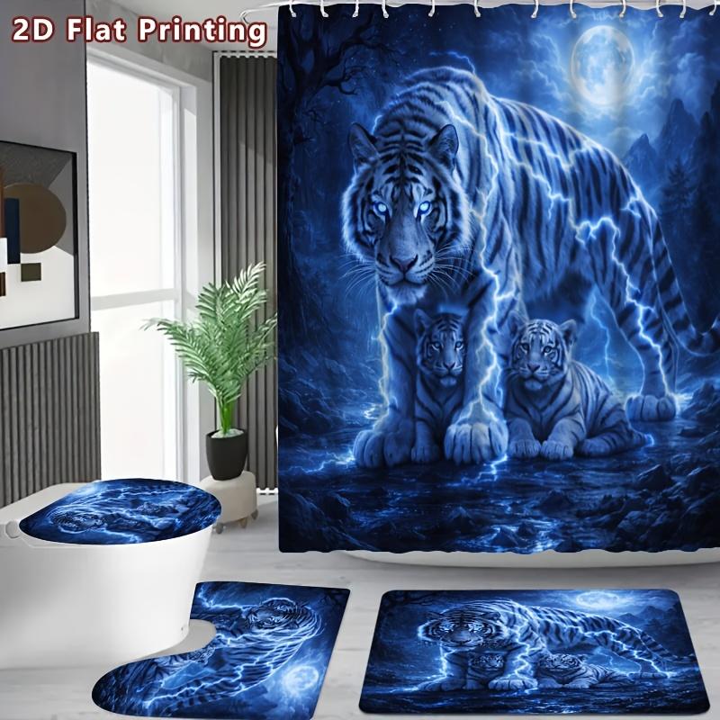 4Pcs Electric Tiger Shower Curtain Set with Non-Slip Bath Mat, Toilet Lid Cover, Contour Rug & 12 Hooks, Bathroom Decor