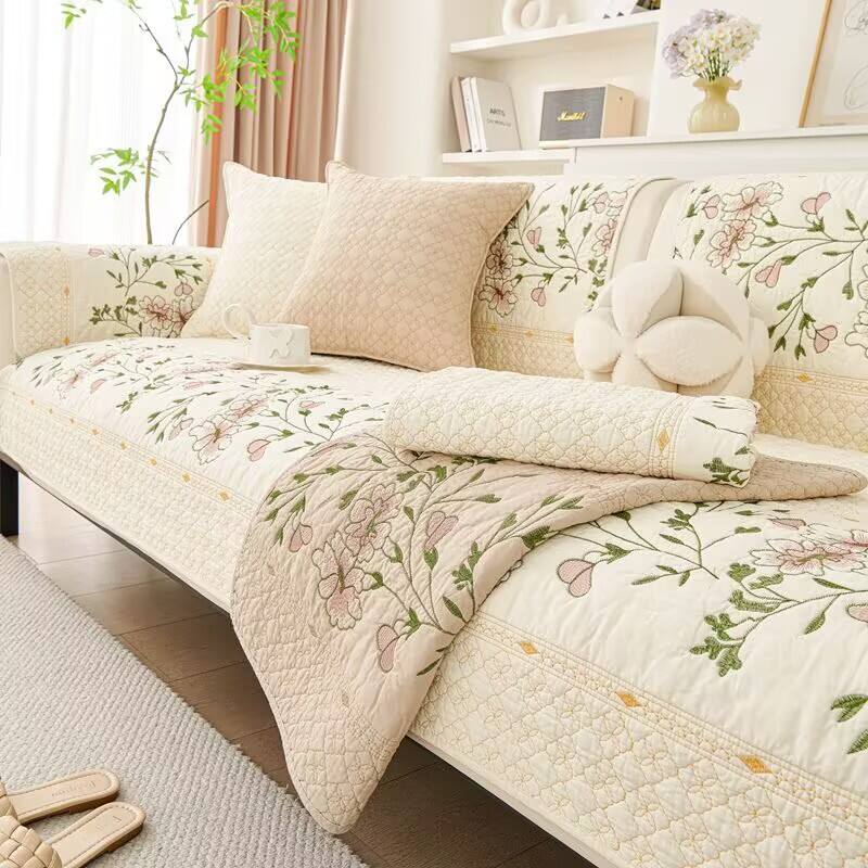 Cotton Sofa Cover Pastoral Style Embroidery Flower Anti-Scratched Seat Cushion Pad All Seasons Universal Non-Slip Sofa Slipcover