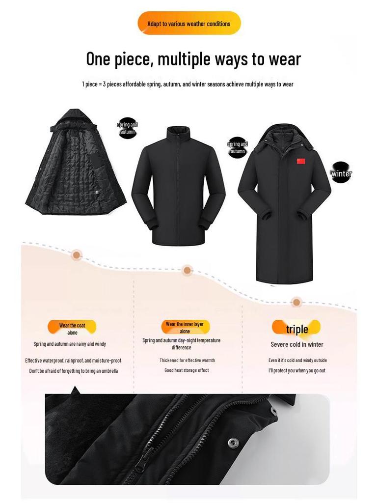Three-in-One Fleece-Lined Winter Sports Jacket: Detachable, Over-the-Knee, Cotton-Padded, Plus Size, Unisex School Uniform