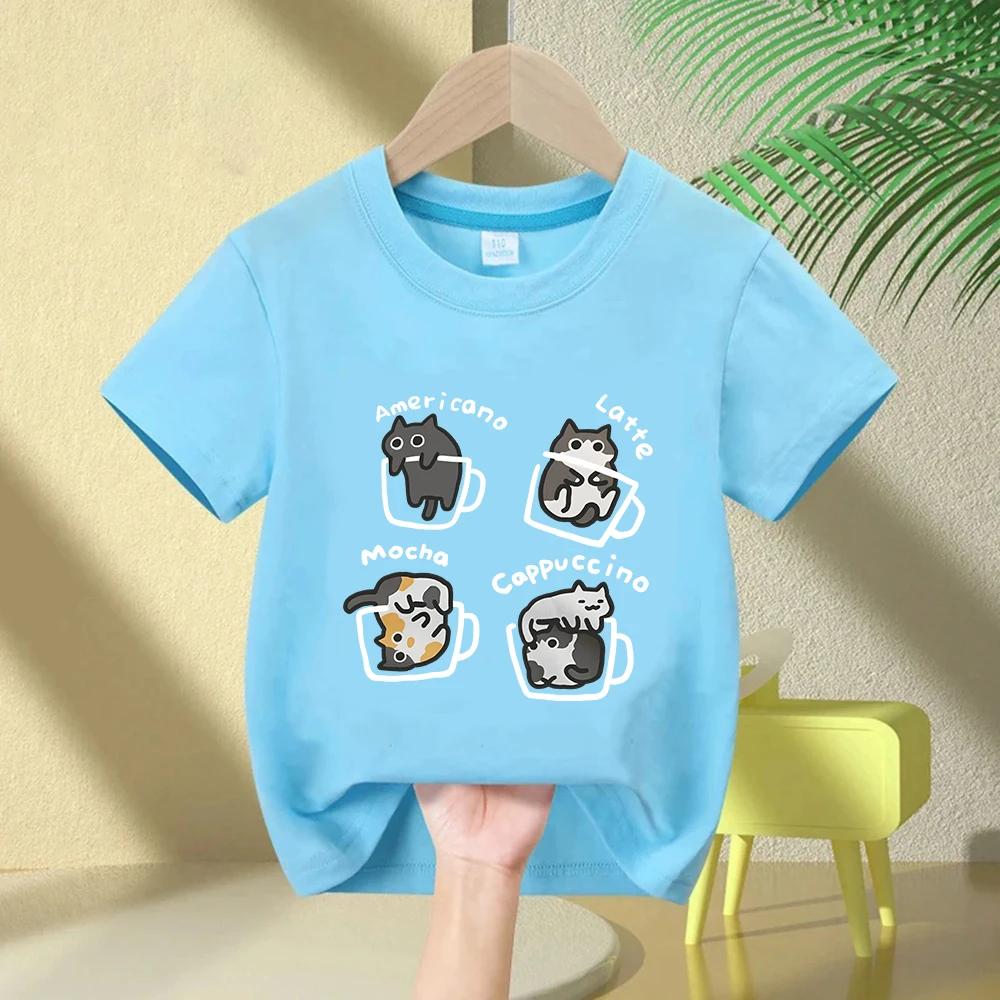 Cat Coffee Pure Cotton Trendy Summer Kids Short Sleeved Tshirt BoyGirl Original Mocha Latte Cat Three Flowers Fun Cat Tees