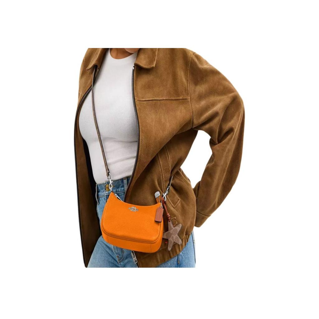 Coach Teri Shoulder Bag with Starfish Charm, Bright Orange Pebbled Leather Signature Canvas Trim Silver Hardware, Women's Daily Travel CBG79-SVY2H