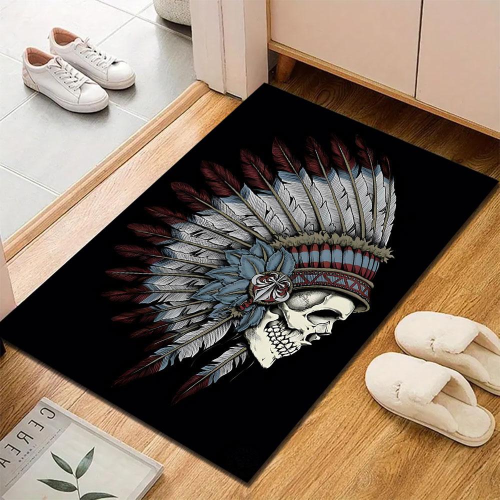 Skull with Feathered Headdress Patterned Carpet, Suitable As a Non Slip Play Mat for the Living Room and Bedroom Sofa