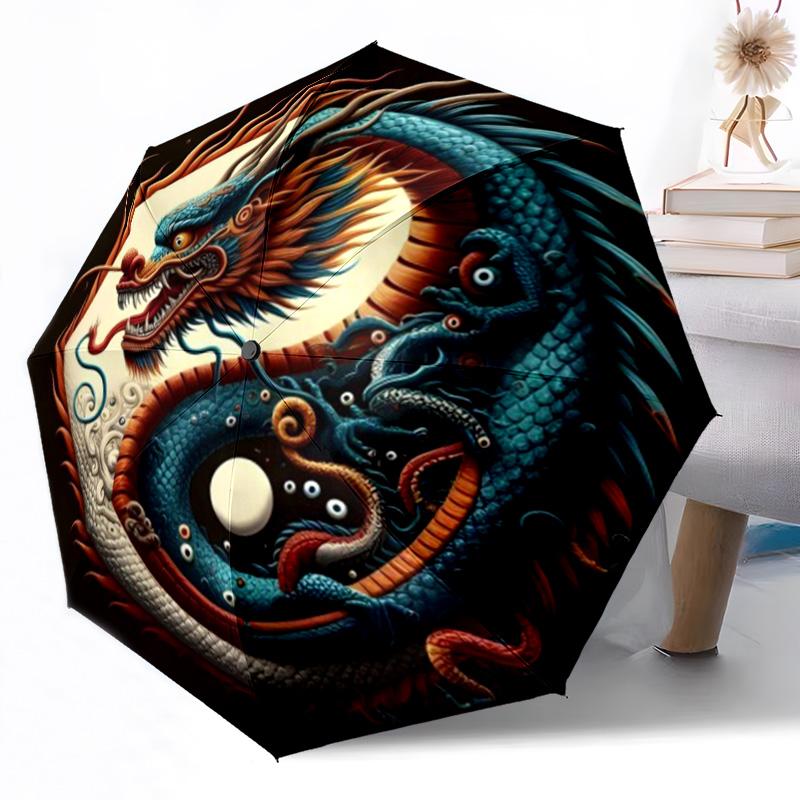 Enchanted Dragon Fantasy Outdoor Automatic Umbrella Compact 8-Rib Design Durable Plastic & Iron Travel Essential Fashionable Accessory Spiritual Gift