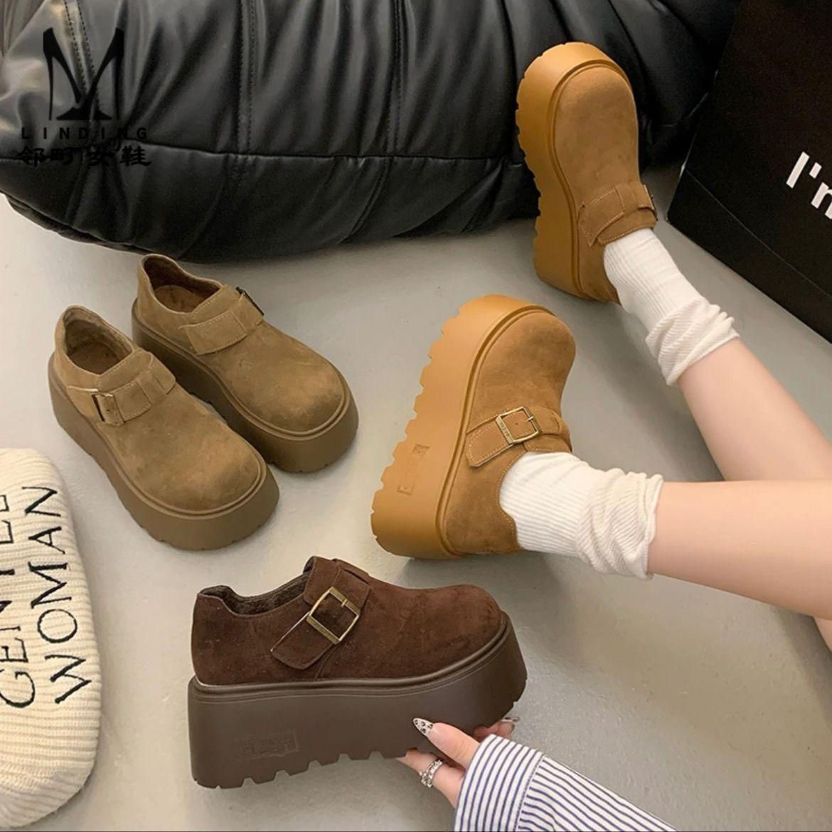 

Frosted thick-soled velvet warm Birkenstocks women s winter 2024 new one-pedal loafers, super high-heeled big-head cotton shoes 35